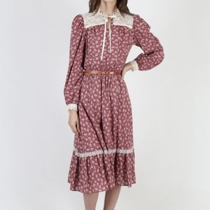 Vintage 1970s red floral calico midi western prairie dress with ribbon tie